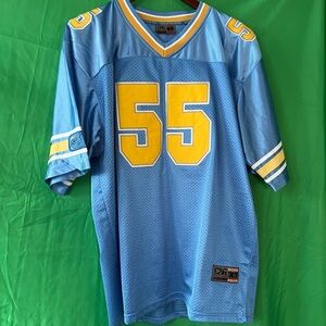 Football jersey, adult size large, light blue with yellow and white trim